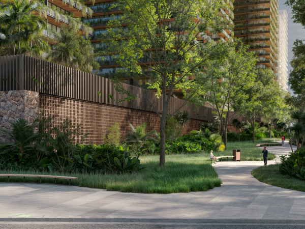 magem 3D do Parque Fiúsa mostra a integração entre arquitetura, paisagismo e espaços de convivência, com caminhos arborizados e ampla presença de vegetação.